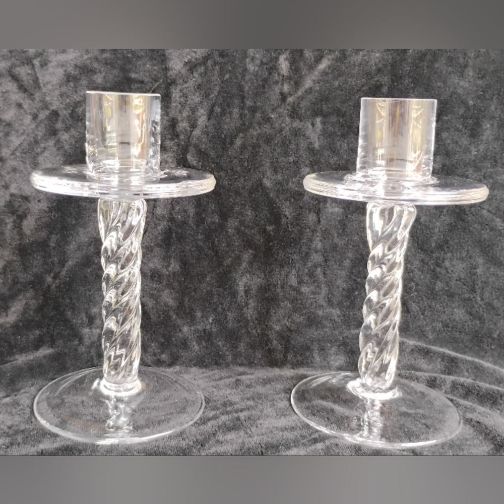 Vintage Crystal Hand Blown Candlestick Holders Set of 2 Twisted Stems Bubbly